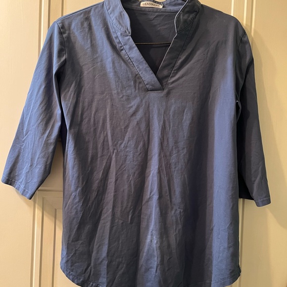 Ceasikery Tops - Casual Navy V-Neck Shirt for Women